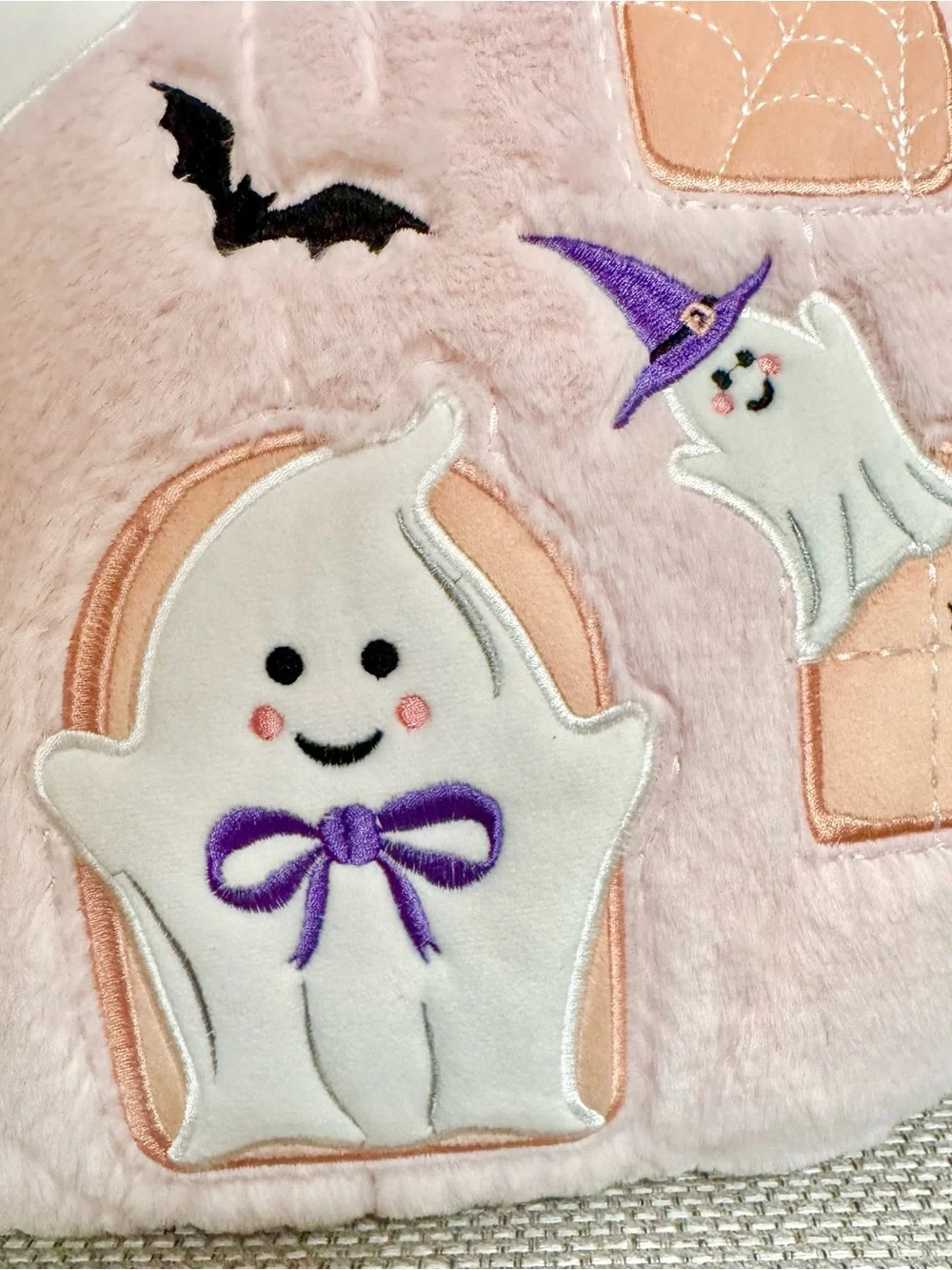 Halloween 🎃 🦇 👻 Pink Plush Pumpkin Pillow Embroidered w/ Ghosts, Bats, Black Cat